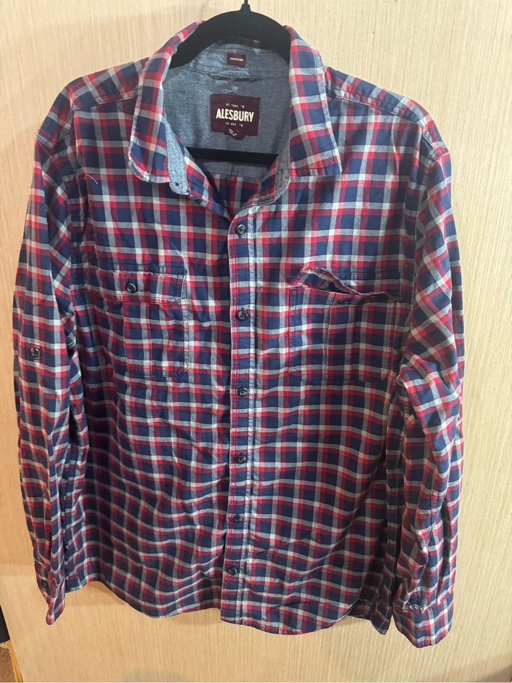 Men's Alesbury Regular Fit Red & Blue Plaid Button-Up Shirt Size XL